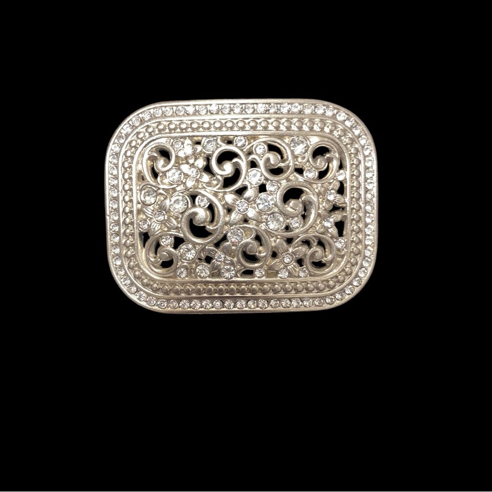 BRIGHTON Polished Silver-Plated Openwork Scroll & Pave Crystals Belt Buckle.